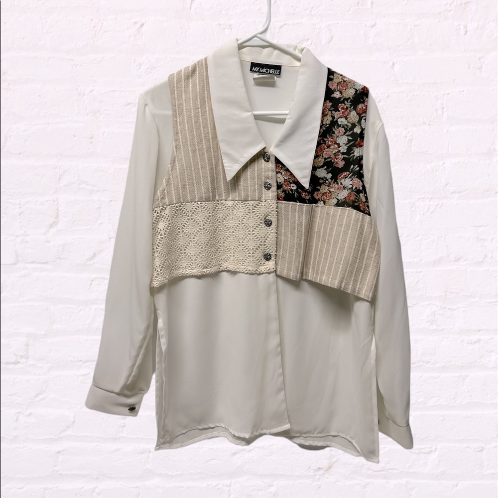 Vintage My Michelle beige patchwork mix prints blouse  popover sheer small